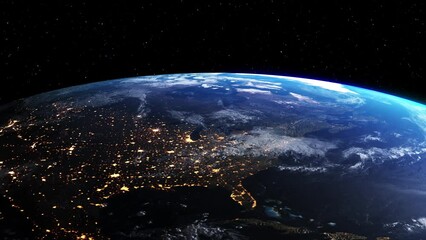 Planet earth 3D orbital animation with realistic geography surface and clouds atmosphere . Spinning world globe sphere showing continents and ocean view .