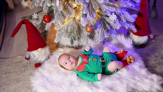 Elf green costume put on a baby boy lying under fir-tree. Decorated Christmas tree and toy gnomes at backdrop. Black cat coming up.
