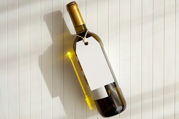 Hang tag mockup for design or text presentation, tag label with string hanging on wine bottle,...
