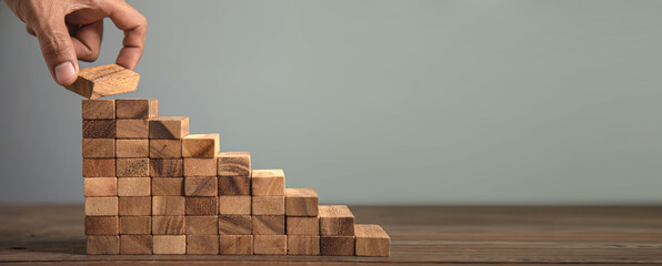 Hand place wooden block stack in pyramid stair step concept of prevent collapse or crash of...
