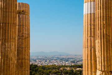 Panoramic view on Athens via Propylaea colonnade in Acropolis of Athens