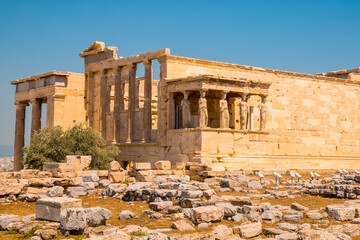 Erechtheion or Temple of Athena Polias with caryatid, sculpted female statue serving as an...