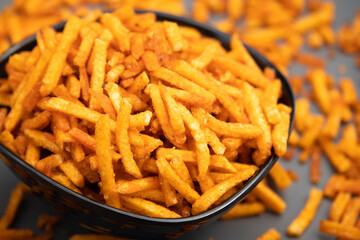 Indian Namkeen Kurkura Kacchi Aloo Sev Spicy Stick Bhujia Chips Or Kurkure Aaloo Seb Bhujiya Lachha Mixture Fryums Are Made Of Roasted Sliced Potato Deep Fried With Assorted Spices Garam Masala