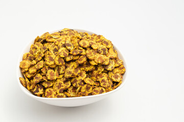 Chana Jor Garam Also Called Channa Chur Or Jhaal Chanachur Is Street Snacks Made Of Beaten Roasted Spiced Black Chickpeas Or Chanachoor. Isolated On White Background With Copy Space