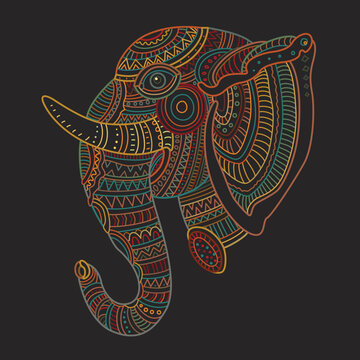 Vector decorative fantasy ornate Indian elephant head silhouette. Hand drawn doodle sketch. Dark colour contour thin line, ethnic ornaments on a black background