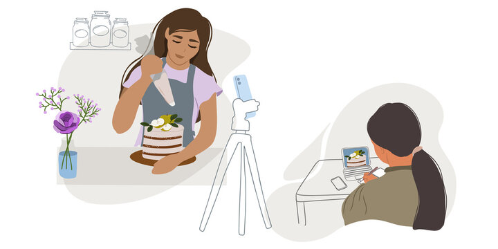 Culinary education online. Blogger. Broadcast. Woman watching pastry teacher video review, online cooking course. Virtual course, lecture, master class. Doodle. Hand drawn. Flat vector illustration.