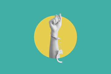 Freedom hand raised with handcuff. Digital collage modern art - 496586606
