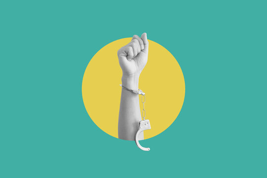 Freedom hand raised with handcuff. Digital collage modern art