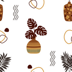 Seamless vector pattern, bouquet of palm leaves in flower vase or pot with an ornament for the interior. Abstract lines and dots, tropical plant. For fabric, wallpaper, gift wrapping paper, covers