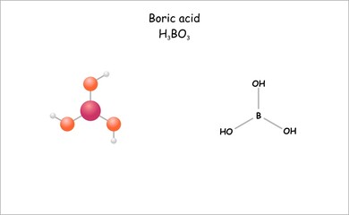 Stylized molecule model/structural formula of boric acid. Use as food preservative for caviar.