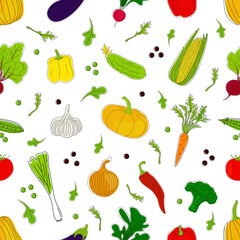 Seamless pattern with hand drawn vegetables on a white background. Vector illustration.