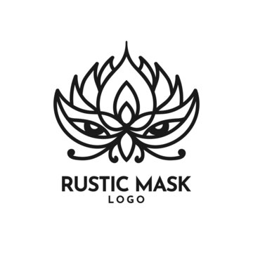 decorative leaves rustic mask with eyes line art vector logo design element