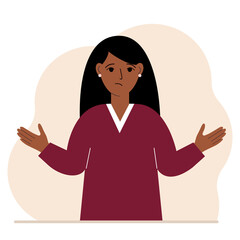The woman is sad and upset. Hands are spread out in different directions. Vector
