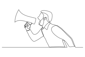 Continuous single one line drawing of business man holding megaphone to speak announce and advertisement vector illustration