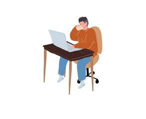 Vector cartoon flat man character sits at table,young guy studies and works using computer-distance education and working,online learning and freelance work concept,web site banner ad design