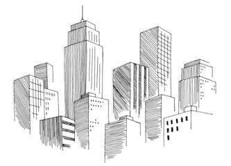City graphic black white cityscape skyline sketch illustration vector  - obrazy, fototapety, plakaty