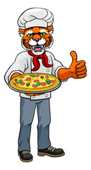 Tiger Pizza Chef Cartoon Restaurant Mascot