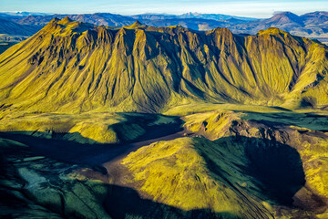 Aerial volcanic mountains of Iceland Landmannalaugar National Park