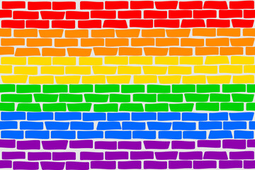 Brick wall painted in LGBT flag colors - red, blue, yellow, green. Seamless vector pattern. 
