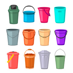 Different empty buckets. Illustration of bucket and water container. Metal plastic and wooden buckets collection. Garbage containers vector illustration