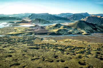 Aerial Iceland volcanic region of glacial meltwater rivers