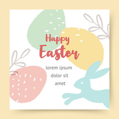 Happy Easter banner, greeting card, poster, holiday cover, social media post. Vector square background with flowers, eggs and a bunny in pastel colors