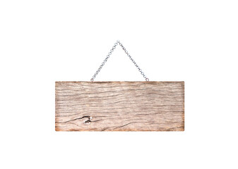 ิBlank wood frame sign with rusty steel chain hanging isolated on white background , clipping path