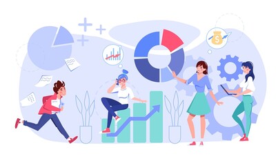 Tiny people business team analyzing financial graph sales chart statistics diagram flat vector illustration. Marketing analysis, finance statistics research concept