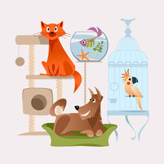 Pets. Cat in activity tree house, dog on dog bed, fish in glass bowl, parrot in large cage.