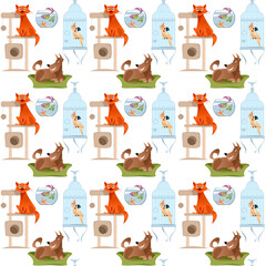 Pets. Cat in activity tree house, dog on dog bed, fish in glass bowl, parrot in large cage. Seamless background pattern.