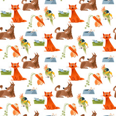 Pets with their food. Seamless background pattern.