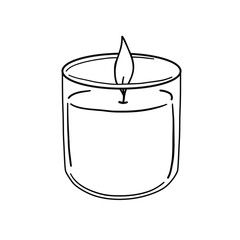Candle in glass container, vector line art illustration.  - 496590645