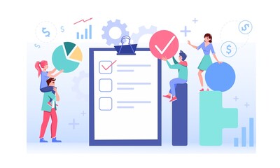 Tiny people business team fills out a checklist on clipboard paper flat vector illustration. Planning, manual report, workflow process organization and schedule concept