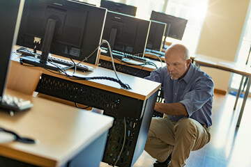 Senior Technician engaged in computer in a large room