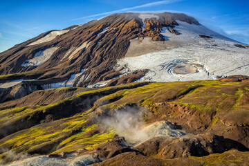 Aerial Landmannalaugar Iceland hot steam venting open fissures