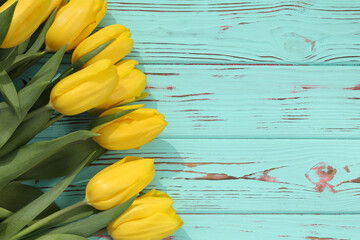 blue wooden background with yellow tulips and place for text