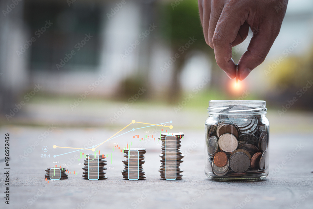 Poster hand putting coin to saving jar with increasing coins stacking and graph for growth profit from inte