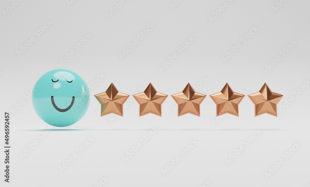 Poster Isolate of golden five stars with smile face , Customer or client feedback system after use product and service by 3d render design for mobile application.