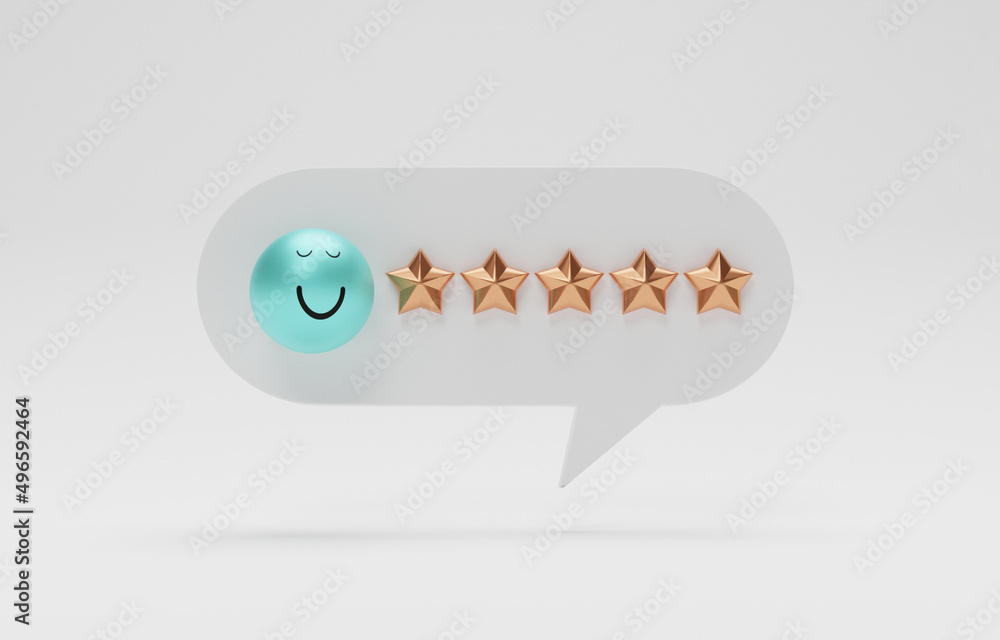 Poster Isolate of golden five stars inside message box with smile face , Customer or client feedback system after use product and service by 3d render design for mobile application.