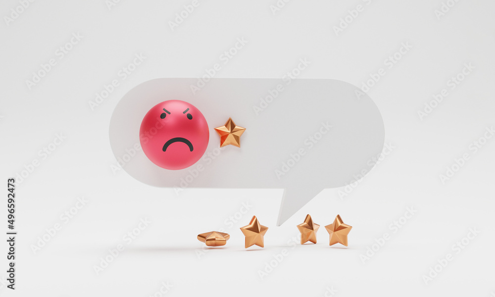 Poster Isolate of golden one star inside message box with sadness face , Customer or client feedback system after use product and service by 3d render design for mobile application.