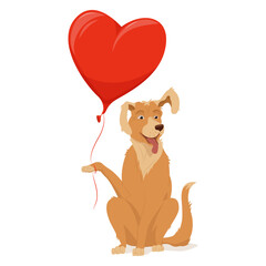 A golden retriever sits with a raised paw and ear. A pet, red heart, balloon, valentine's day.  Vector illustration, cartoon, complex flat, isolated on white background