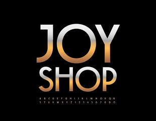 Vector chic Emblem Joy Shop. Stylish Golden Font. Modern  Luxury Alphabet Letters and Numbers set