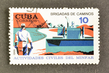 Cancelled postage stamp printed by Cuba, that shows Road, Civil Activities of Cuban Army, circa...