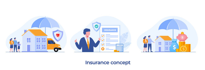 Property insurance, family insurance, health insurance, financial protection, umbrella, healthcare, landing page flat illustration vector template