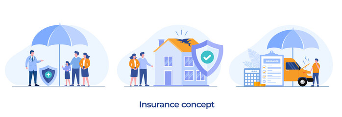 Health insurance, family insurance, car insurance, financial protection, umbrella, healthcare, landing page flat illustration vector template