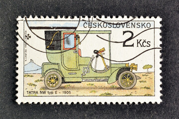 Cancelled postage stamp printed by Czechoslovakia, that shows Tatra NW type E, 1904, circa 1988.