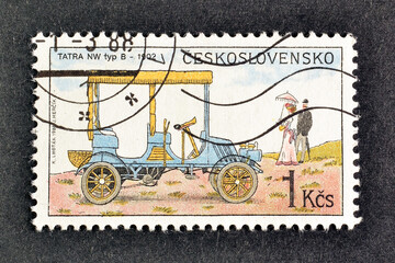 Cancelled postage stamp printed by Czechoslovakia, that shows Tatra NW type B, 1902, circa 1988.