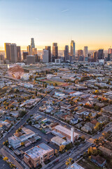 Aerial sunrise of Los Angeles city skyline skyscrapers