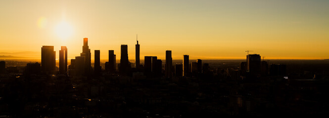 Aerial Panorama American view of sunrise Los Angeles