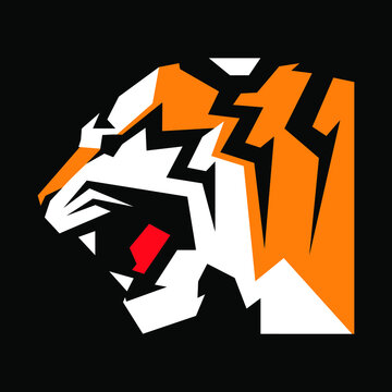 Tiger side view portrait symbol on black backdrop. Design element